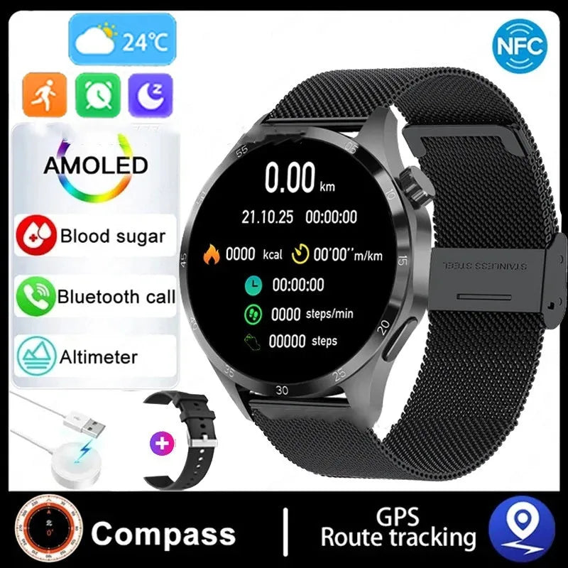 Black smartwatch with Bluetooth calling on a silicone strap, displaying health metrics on its TFT touch screen.