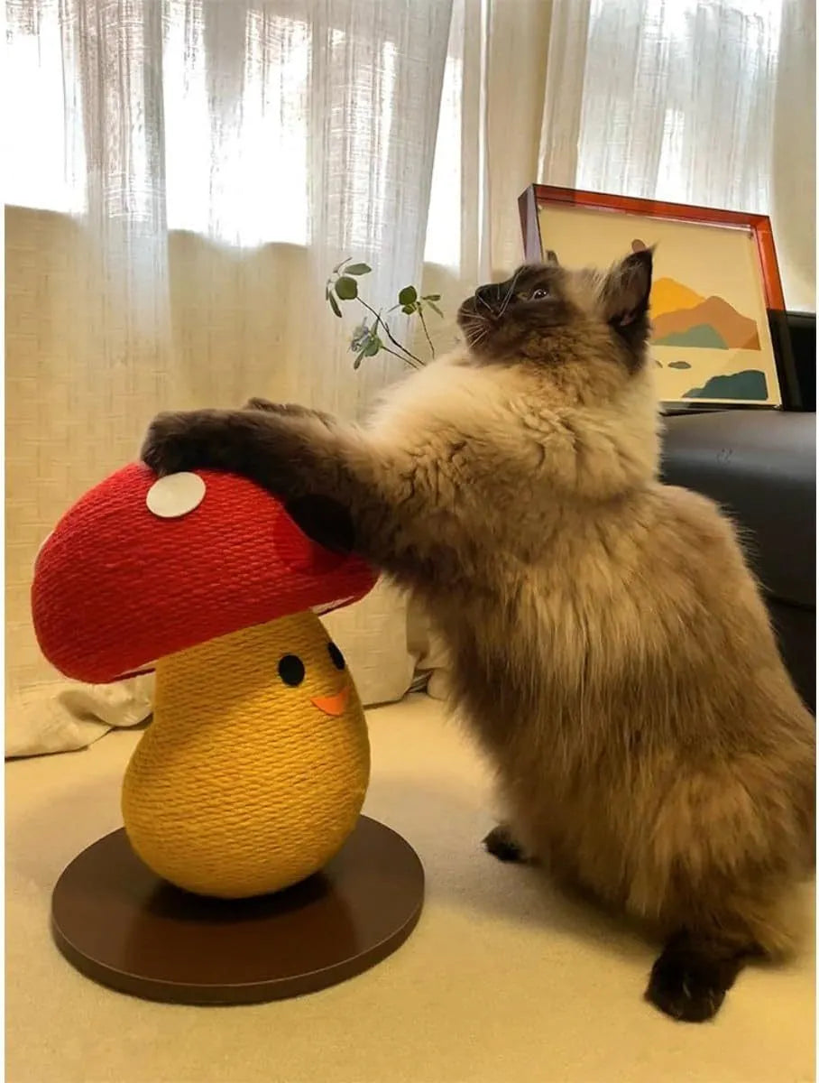 Foldable mushroom-shaped cardboard cat scratch board on a carpet next to a sofa.