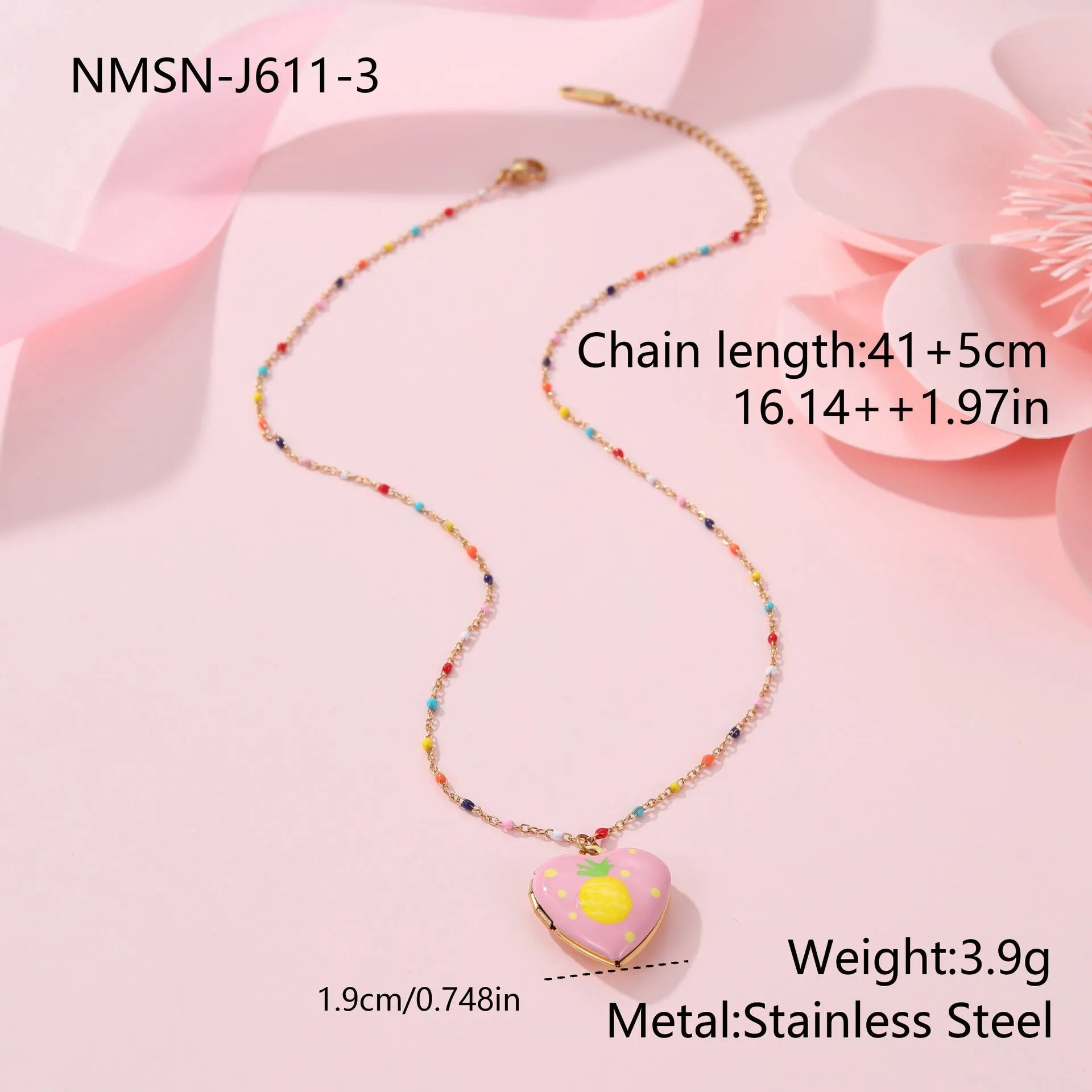 Women's stainless steel necklace with fruit pendant designs in gold plating on adjustable chain