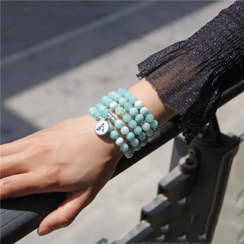 Vintage women's natural stone bracelet with geometric lotus pendant charm.