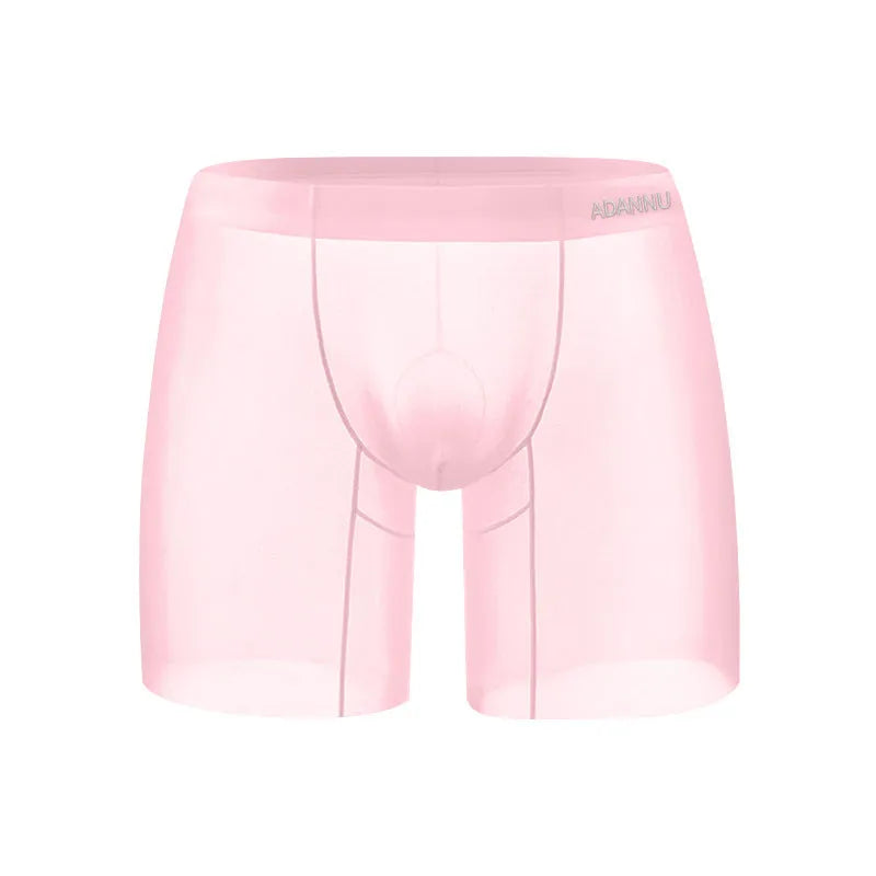 Men's low waist boxer shorts in solid orange, pink, or red ice silk nylon fabric.