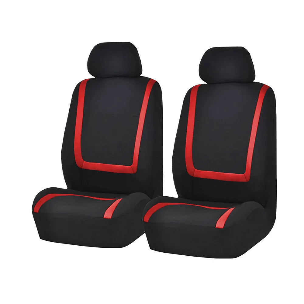 Fully enclosed fabric car seat cover set shown in a two-tone colour on a vehicle seat.