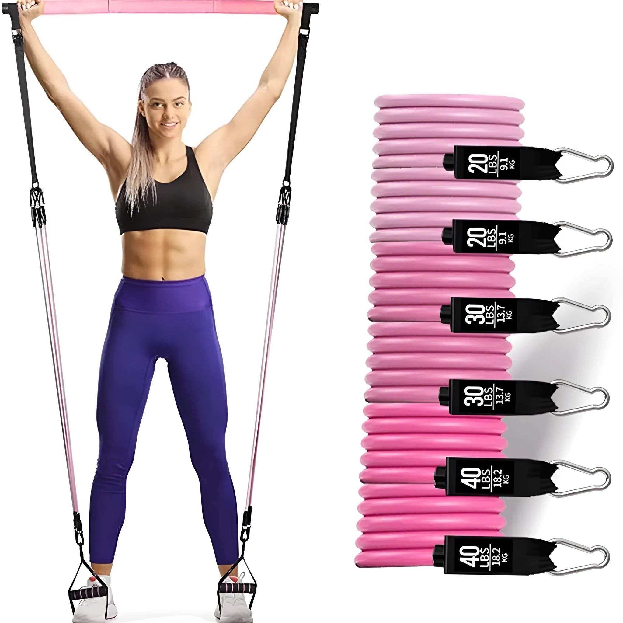 Yoga gymnastic bar resistance band set with 180 pounds reinforced pull rope in TPE material