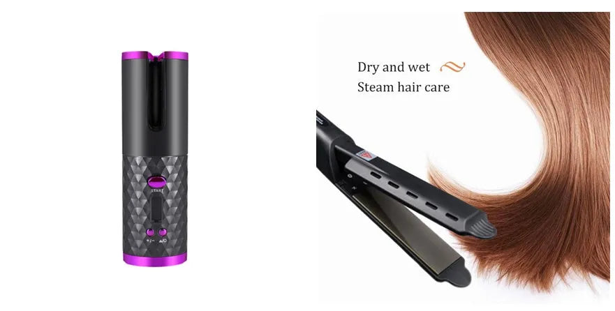 White portable automatic curling iron with USB charging cable and gold ceramic curling barrel.