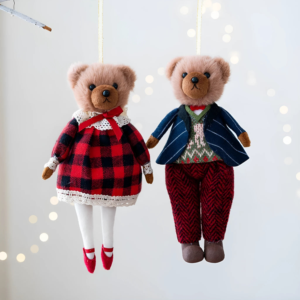 Cartoon plush bear couple in cotton plaid suits - gentleman bear and princess bear