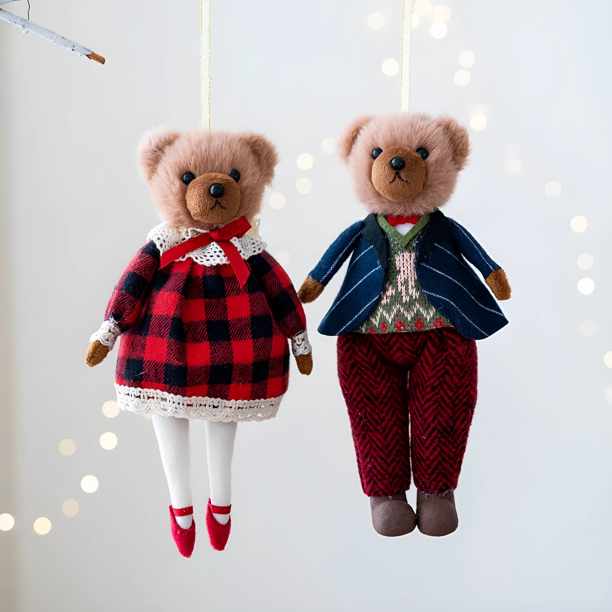 Cartoon plush bear couple in cotton plaid suits - gentleman bear and princess bear