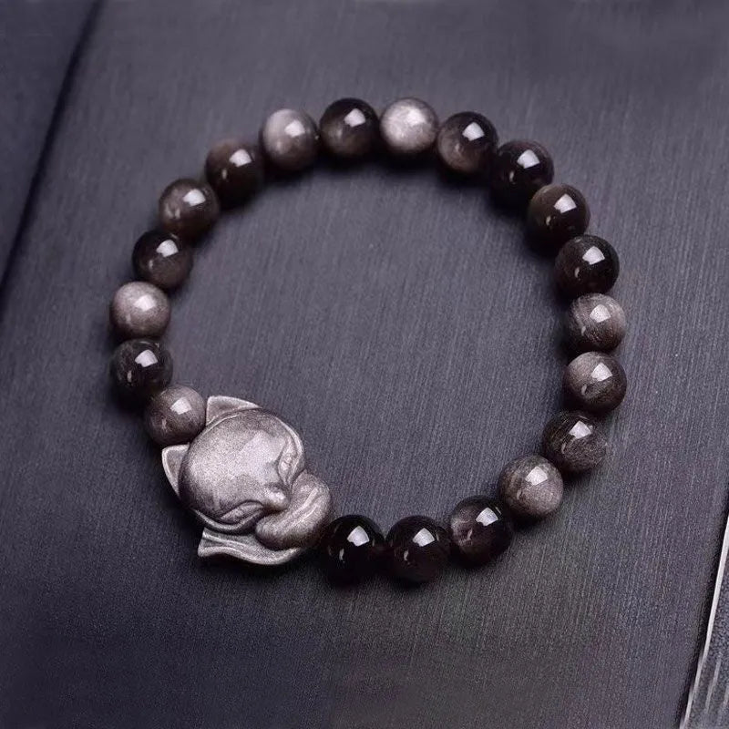 Obsidian Fox single ring bracelet with 8mm polished beads and silver fox charm