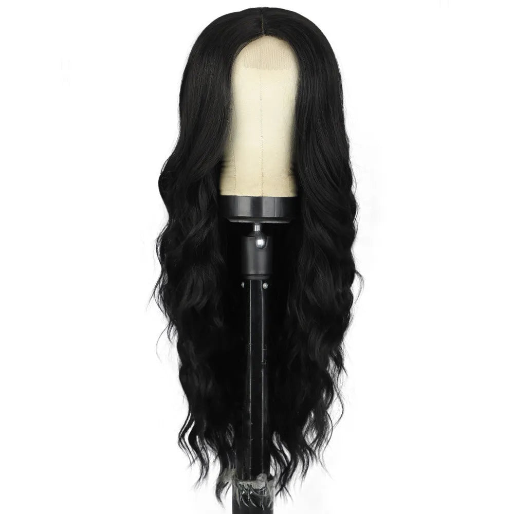 Front lace wig with medium large wavelength curly hair and long bangs for ladies in style shown