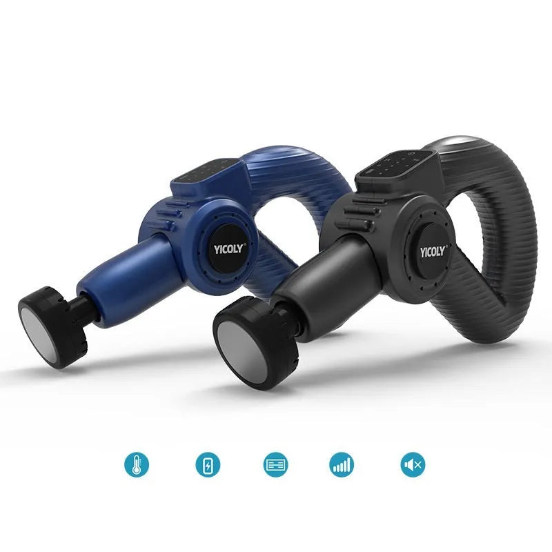 Black smart muscle massage gun with adjustable head, five attached massage heads, and carry bag.