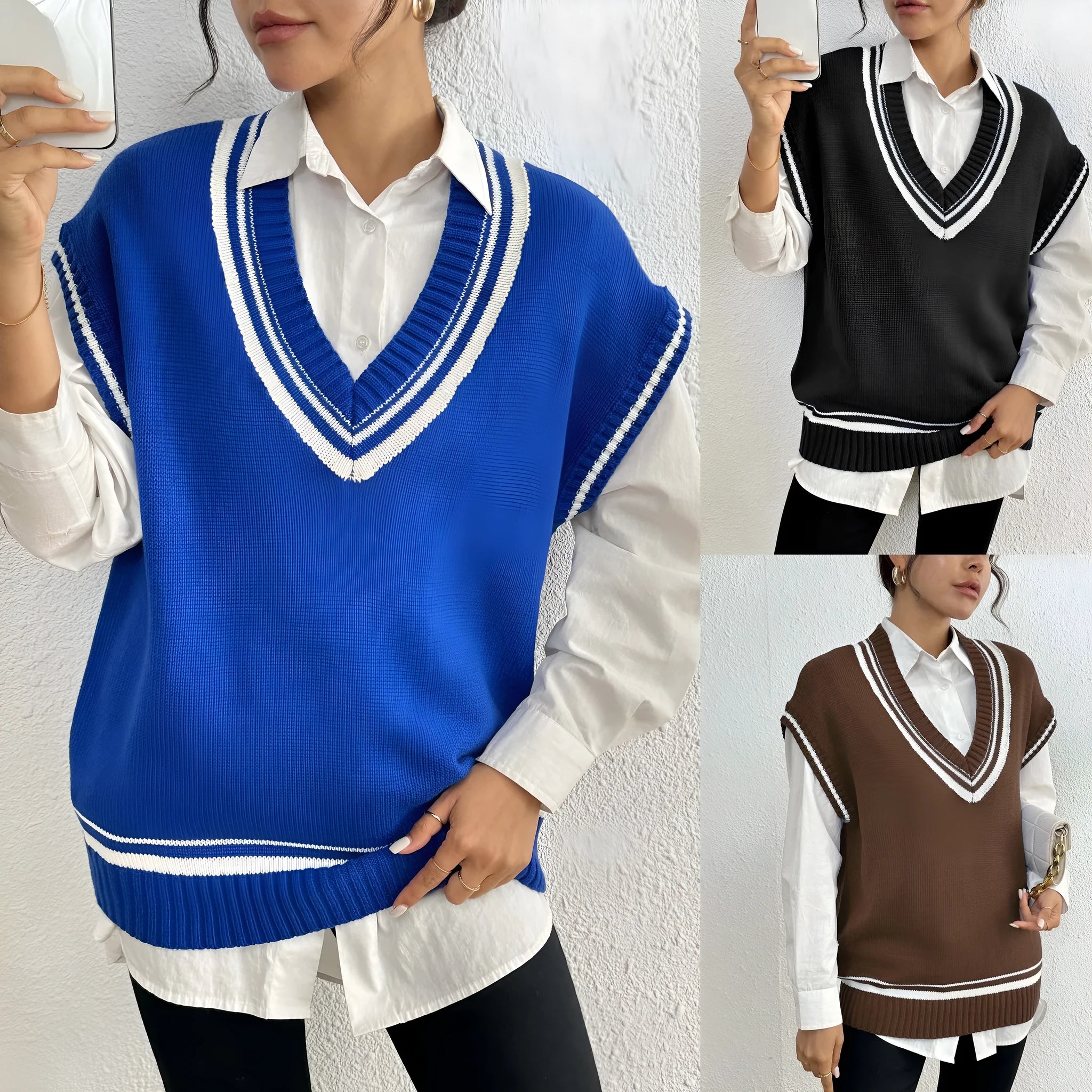 Women's casual wool vest sweater in acrylic fabric with free size loose fit college style design