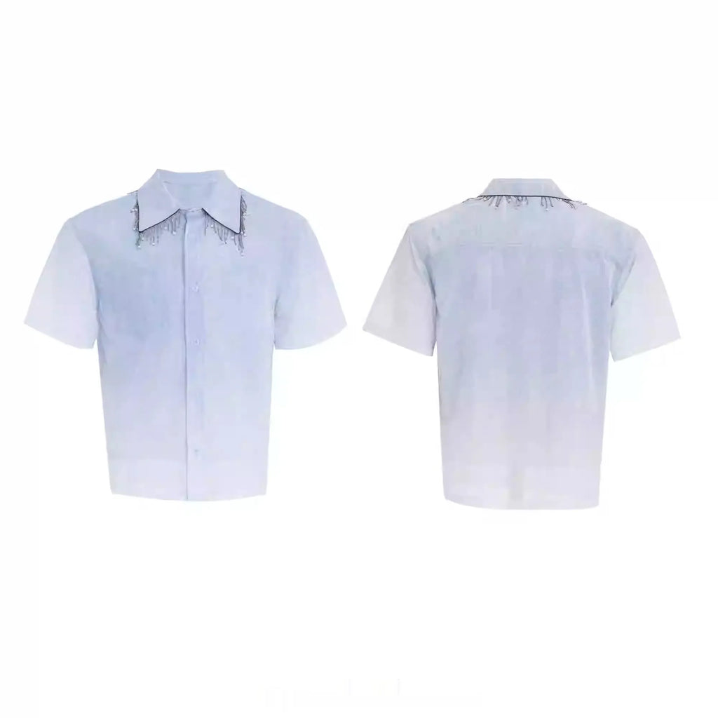 Man wearing a blue and white gradient loose fit short sleeve polyester summer shirt