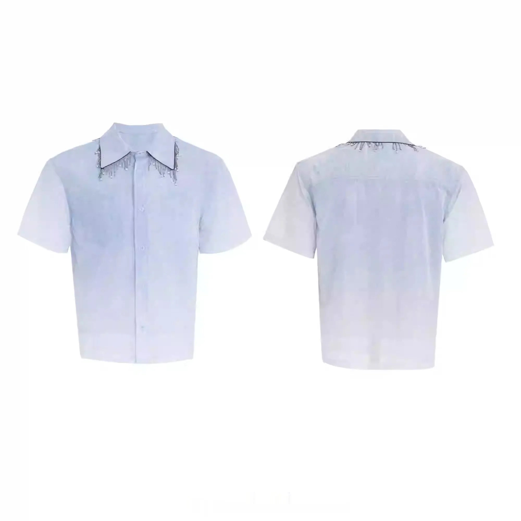 Man wearing a blue and white gradient loose fit short sleeve polyester summer shirt