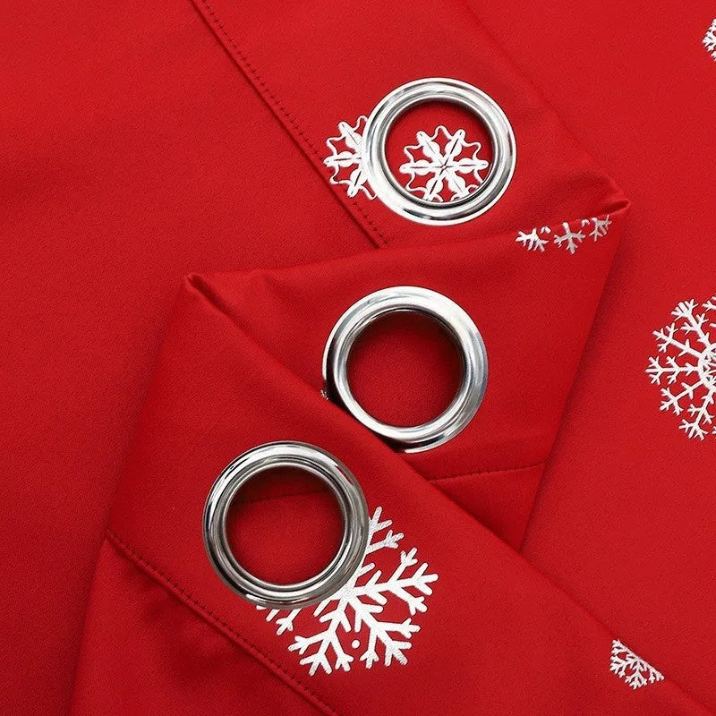 Snowflake pattern shade cloth curtain in red with iron hoop trim showing modern simplicity styling