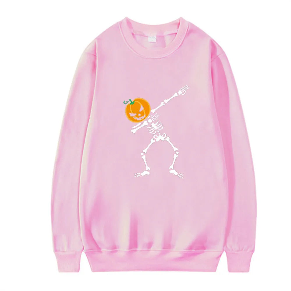 Women's printed long sleeve crew neck top in a cotton blend fabric on a hanger.