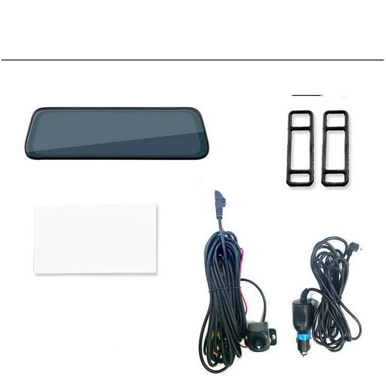 10-inch full-screen dash cam with front and rear dual lenses displaying road footage on its touchscreen