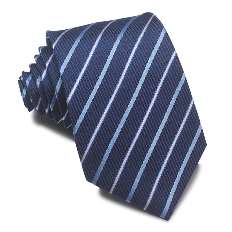 Man's red, black, and blue striped jacquard business tie with an 8cm width.