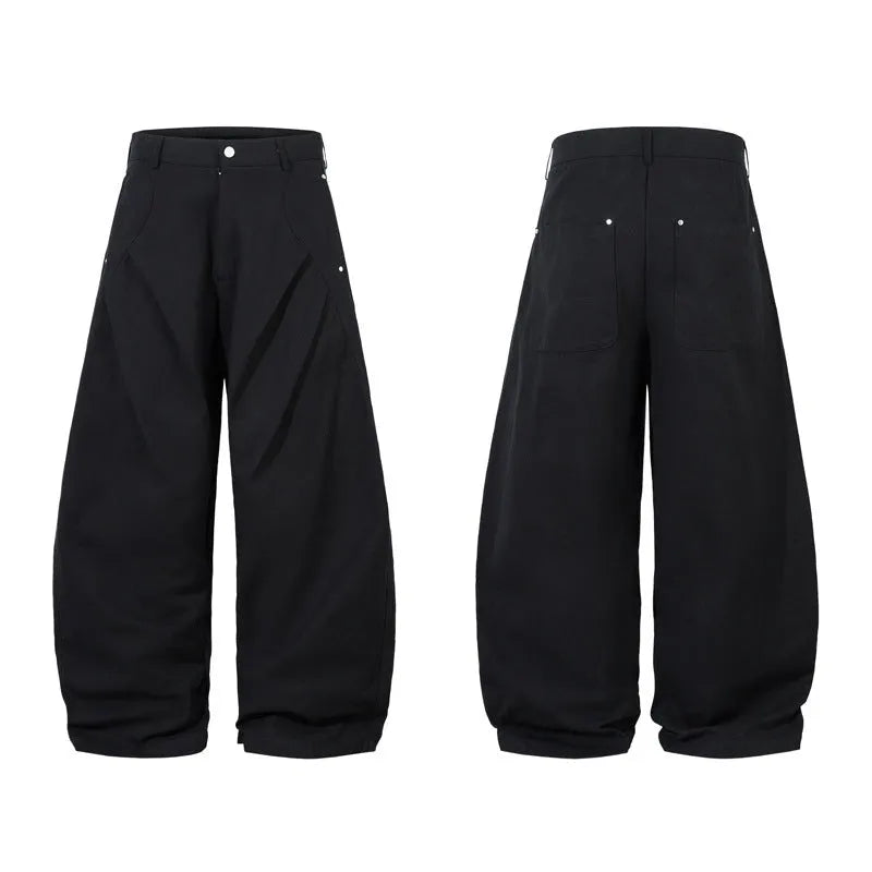 Men's black cotton pleated trousers with wide-leg loose-fitting casual design