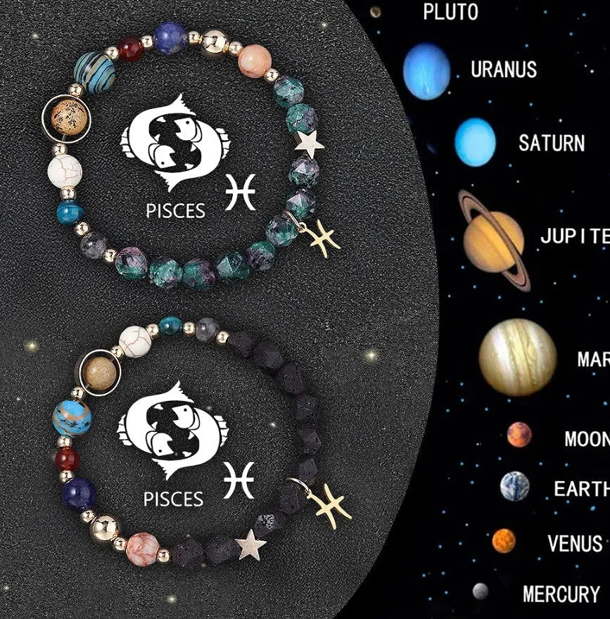 Two natural stone beaded bracelets with metal zodiac sign charms on a white background.
