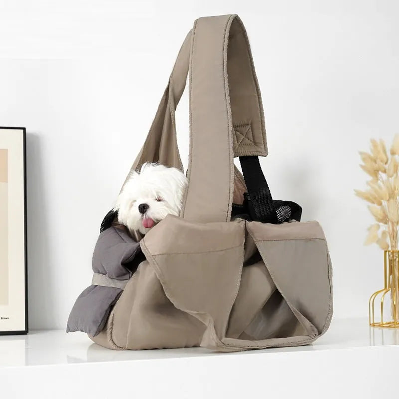 Apricot cloth pet summer breathable handbag carrier measuring 41cm by 16cm by 28cm