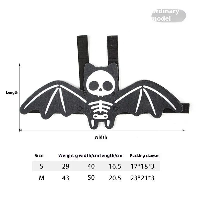 Halloween batwing costume for a cat or small dog made from orange and black felt.