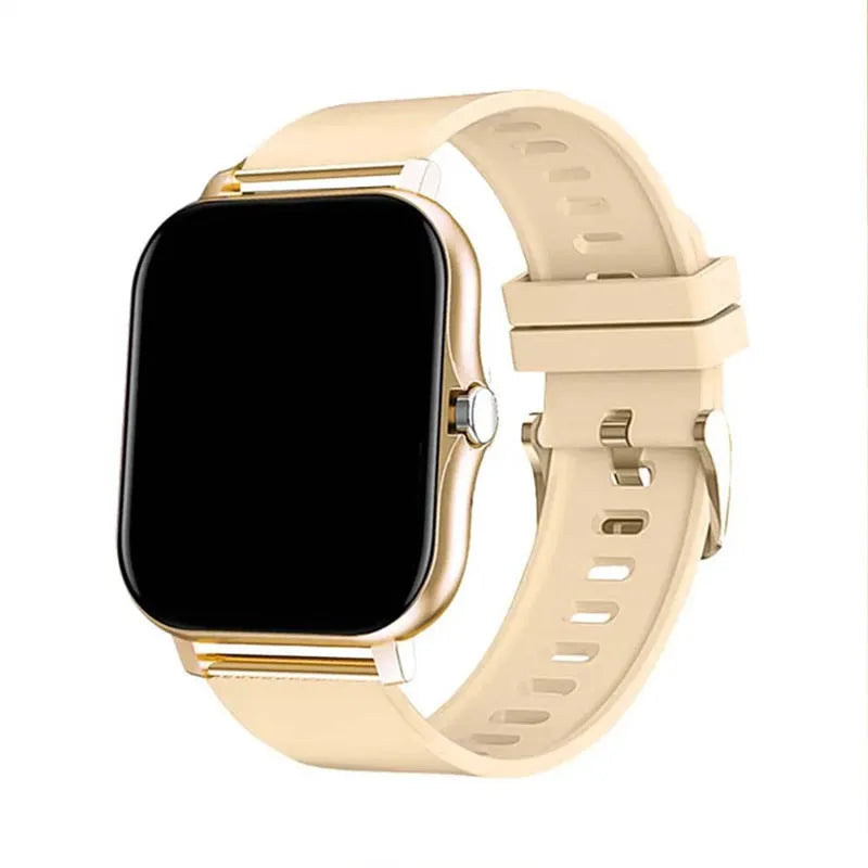 Smart watch with touch screen showing Bluetooth calling and health tracking features on silicone strap
