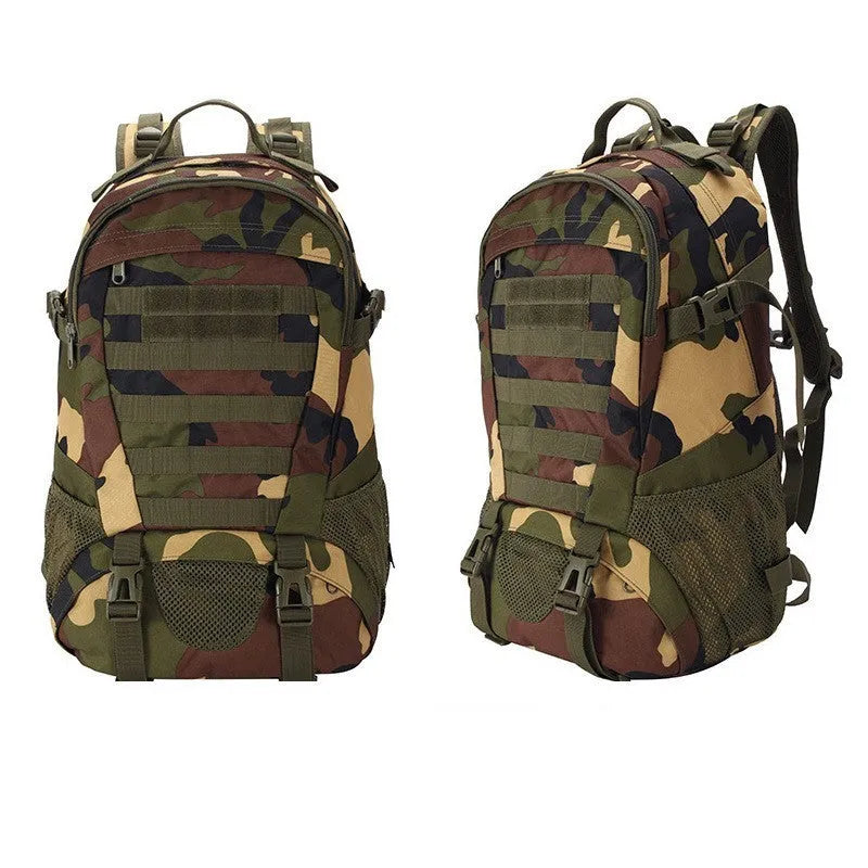 Outdoor mountaineering backpack in Oxford cloth shown in a camouflage colour with air pillow belt system.