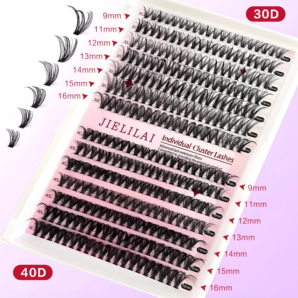 DIY mixed package of cluster false eyelashes showing 30D and 40D high-grade fibre lashes from 9mm to 16mm with tweezers.