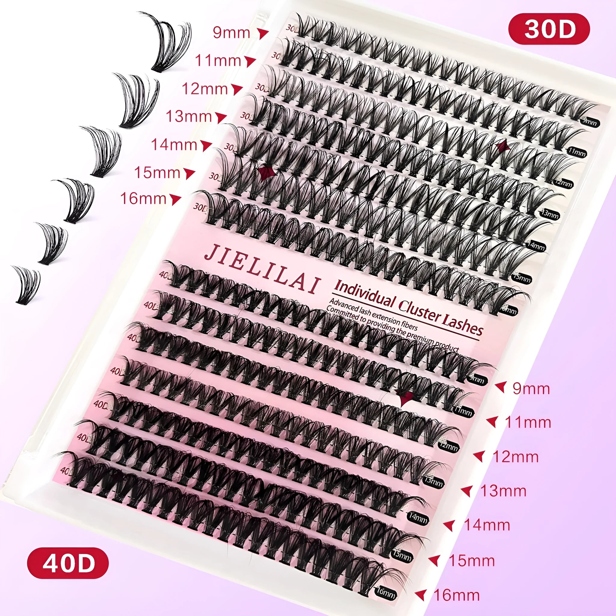 DIY mixed package of cluster false eyelashes showing 30D and 40D high-grade fibre lashes from 9mm to 16mm with tweezers.
