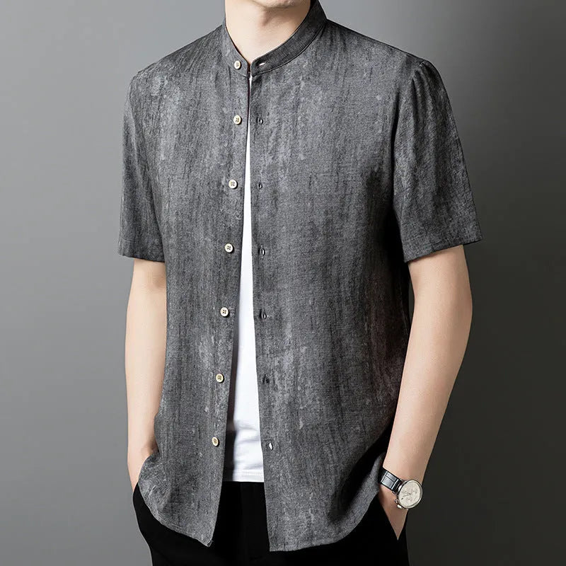 Men's loose linen shirt with stand collar in thin viscose blend fabric