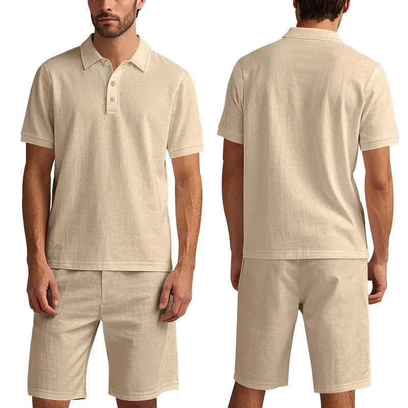 Men's light-coloured linen summer suit with short-sleeved shirt and matching shorts on hanger