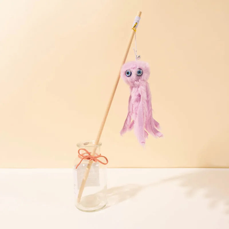 Furry octopus cat toy with eyes on 40cm long stick in pink colour for kitten play