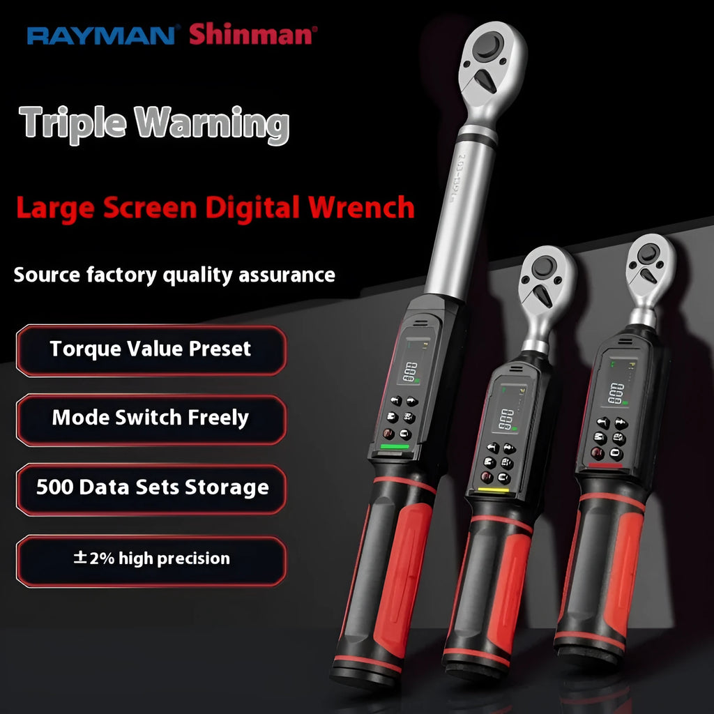Electronic digital display torque wrench with triple alert system showing sound, light, and vibration warnings