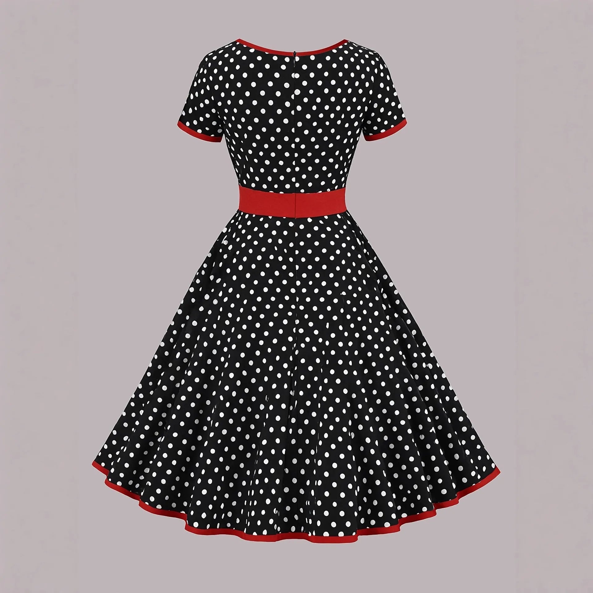 Women's multicolour polka dot pleated dress with square neckline, short sleeves, and front zip.