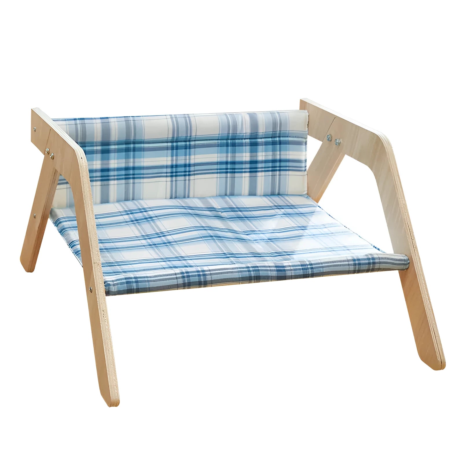 Wooden elevated cat beach chair bed with cloth cushion in blue or green colour