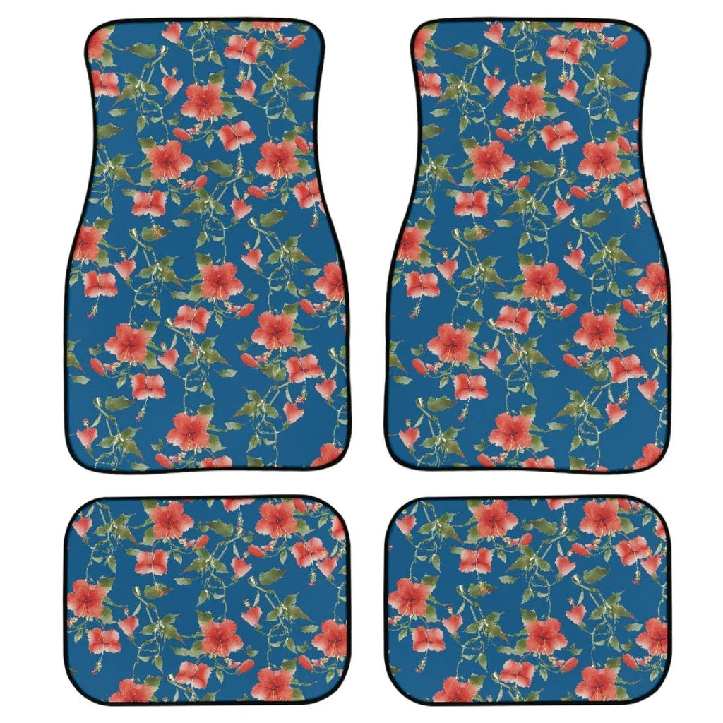 Black printed rubber car foot mat set showing 20mm thickness and waterproof texture for universal vehicle fit