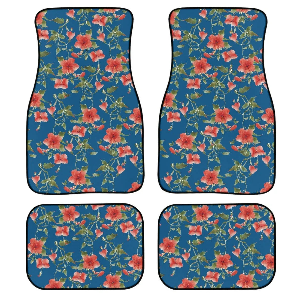 Black printed rubber car foot mat set showing 20mm thickness and waterproof texture for universal vehicle fit