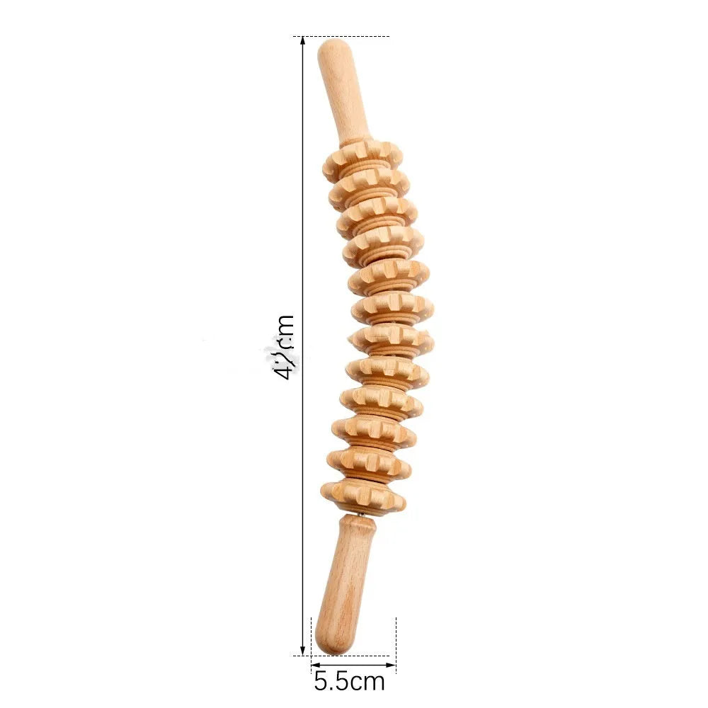 Natural beech wood massage roller set with multiple wheel designs for lymphatic drainage and skin texture improvement