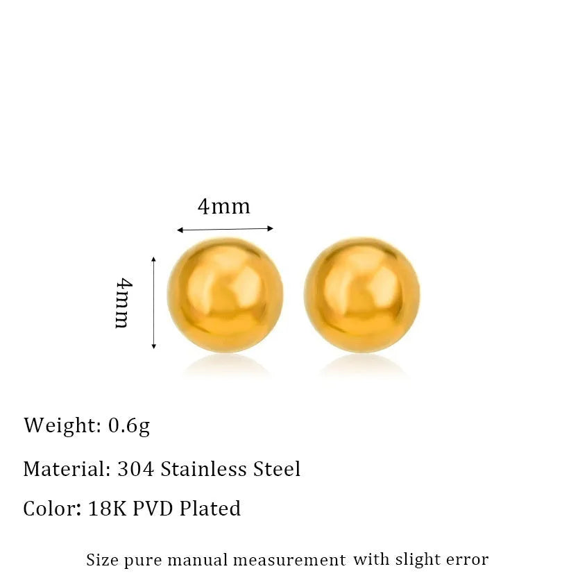 Stainless steel ball stud earrings in gold and silver finishes, showing 3mm to 6mm size comparison
