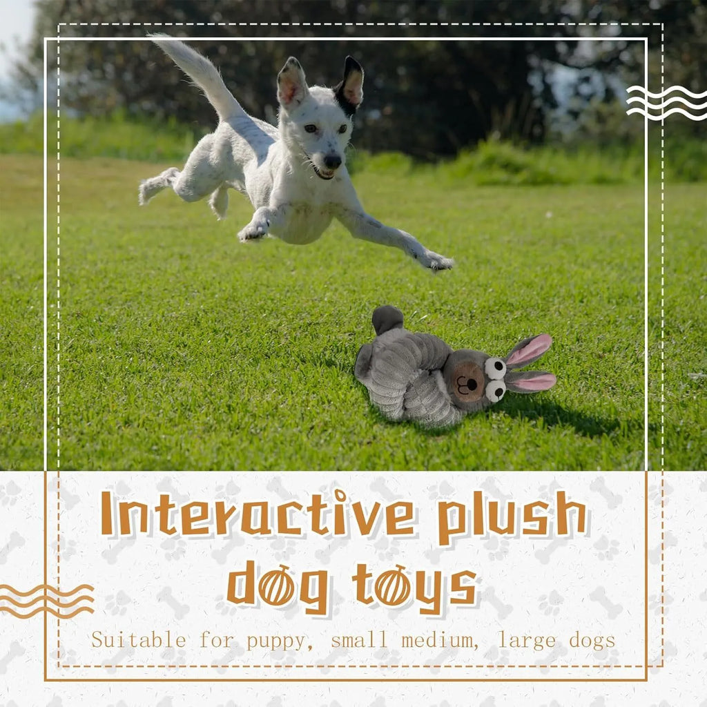 Plush stuffed squeaky dog toys with crinkle sounds in brown grey yellow colours