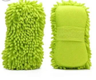 Silvery green car wash sponge measuring 14cm by 25cm with chenille microfiber spiral wool construction