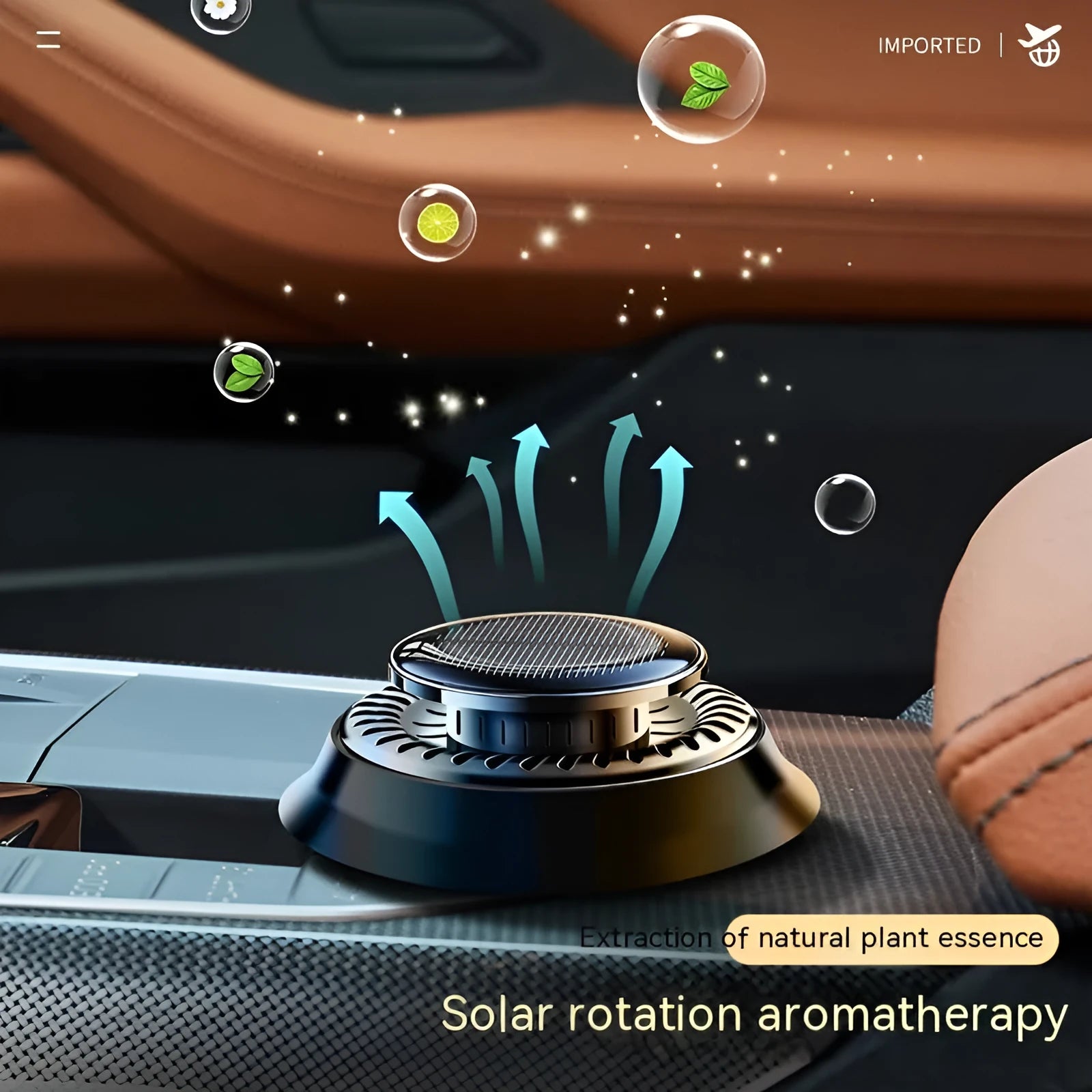 Solar-powered car de-icing device with aromatherapy function in black finish