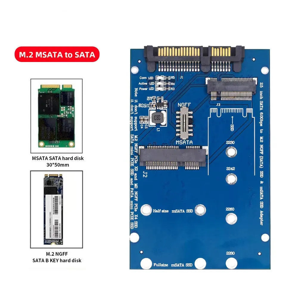 Black SATA3 to M.2 NGFF MSATA SSD conversion adapter card with connectors