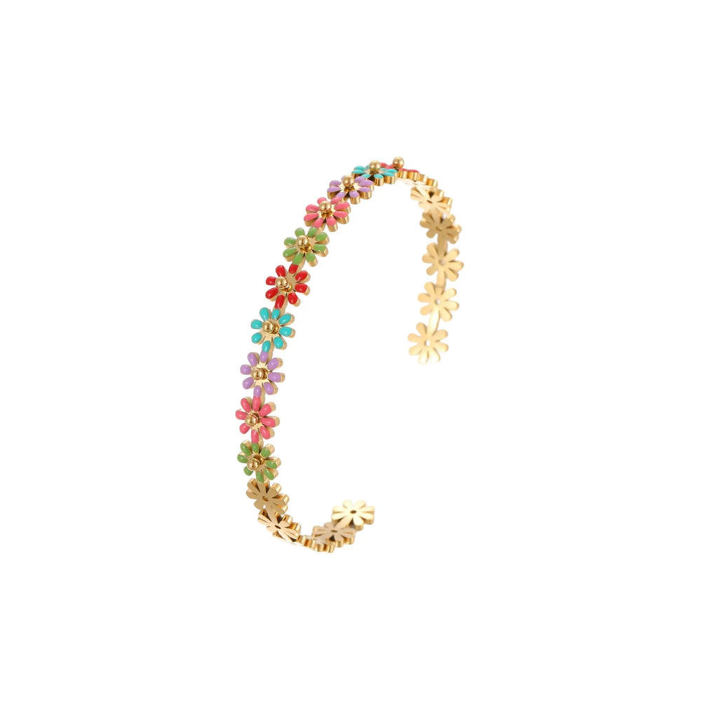 Stainless steel bracelet with oil dripping colour finish in flower and geometric shape, electroplated