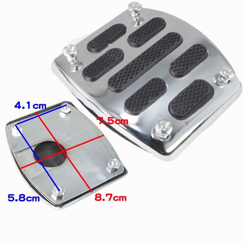 Metal motorcycle brake pedal skid plate showing foot pedal, square foot pedal, and small brake plate design options.