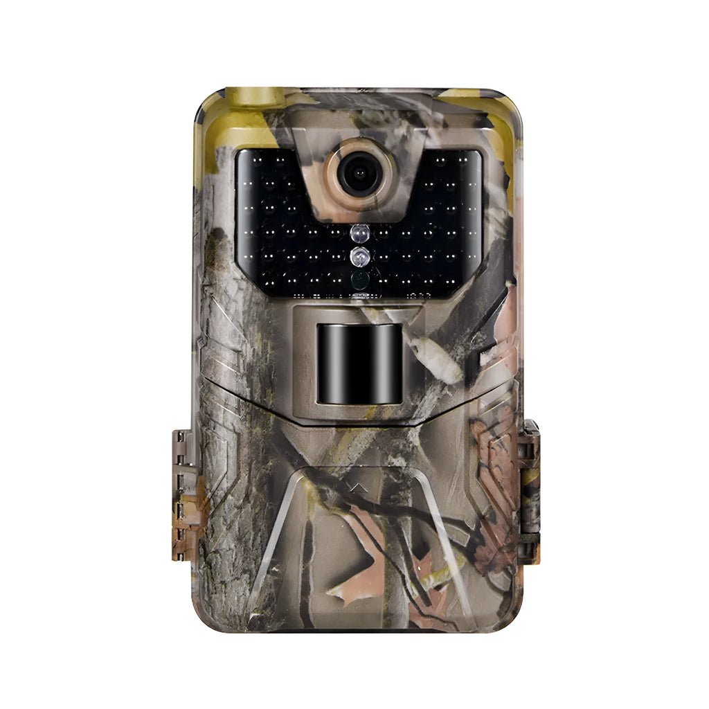 Camouflaged outdoor hunting camera with infrared LEDs, showing compact size for discreet placement.