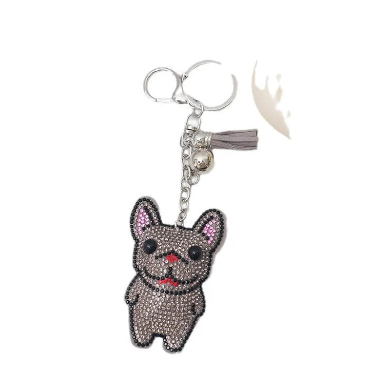 French dog rhinestone keychain with cartoon animal design, electroplated alloy construction, 5-7cm size