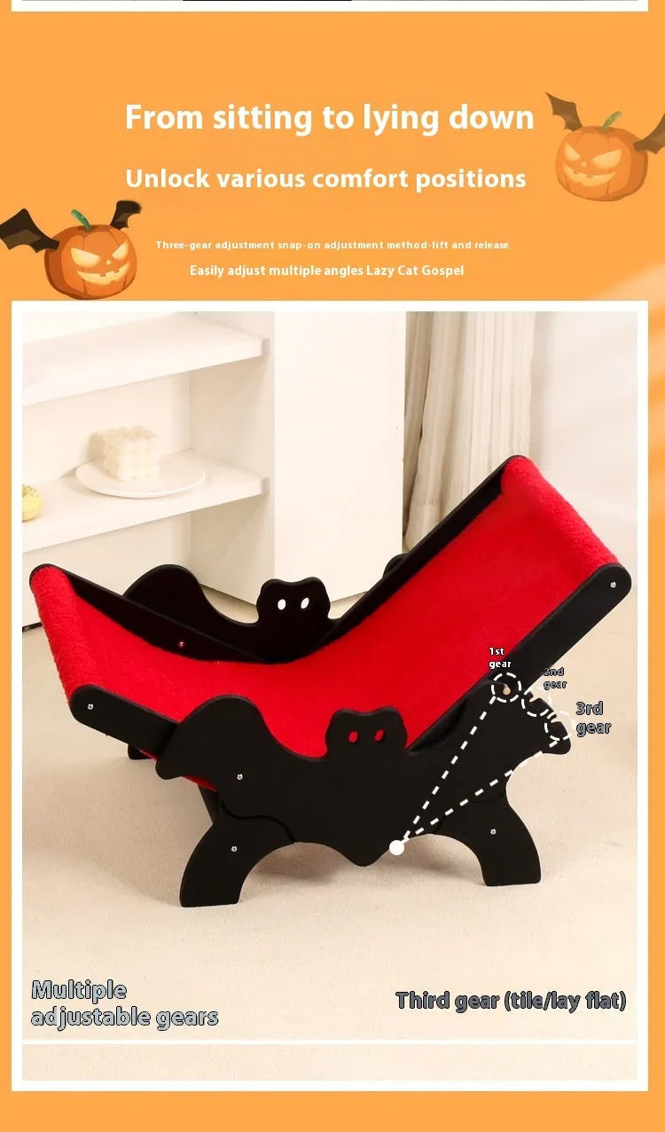 Black and red wooden cat recliner lounge chair with cage structure, model MW-054.