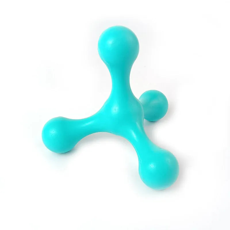 Blue three-legged silicone bone chew toy for small and medium puppies on white background