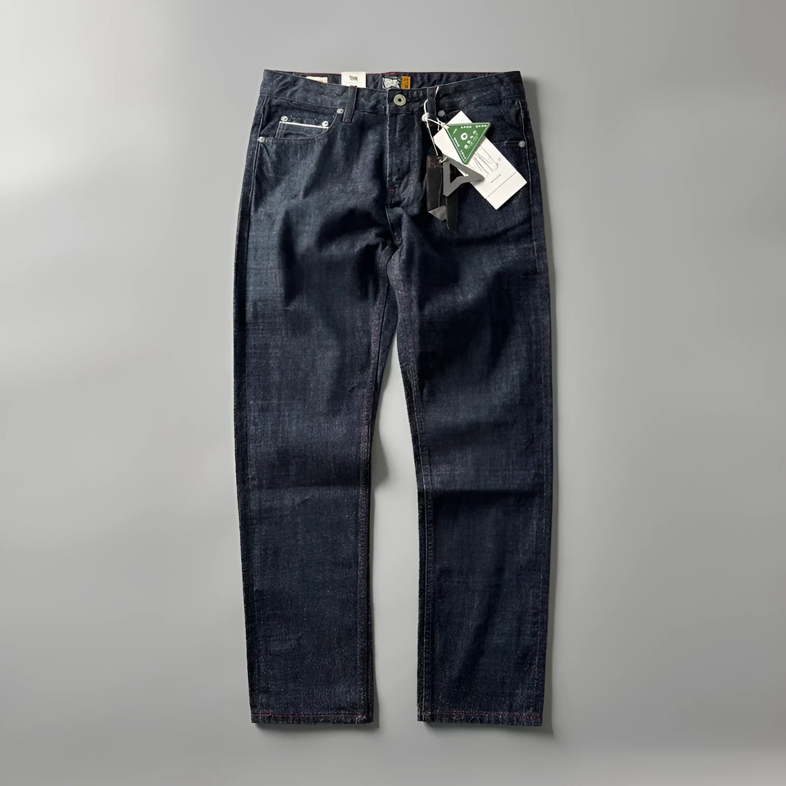 Men's primary colour straight leg jeans with vintage American retro styling and mid waist design