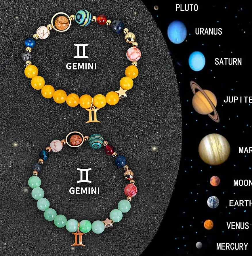 Set of twelve natural stone beaded bracelets, each with a different zodiac sign charm, on a white background.